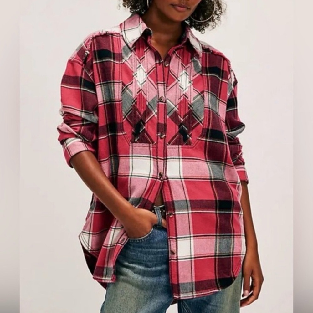 Free People we the free Layla Plaid button down shirt- NWOT